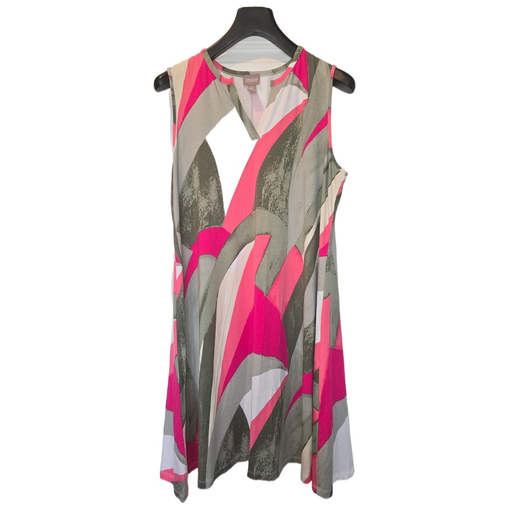 Chicos Pink Olive Abstract Geometric Sleeveless Tunic Top Keyhole V-Neck Size 2